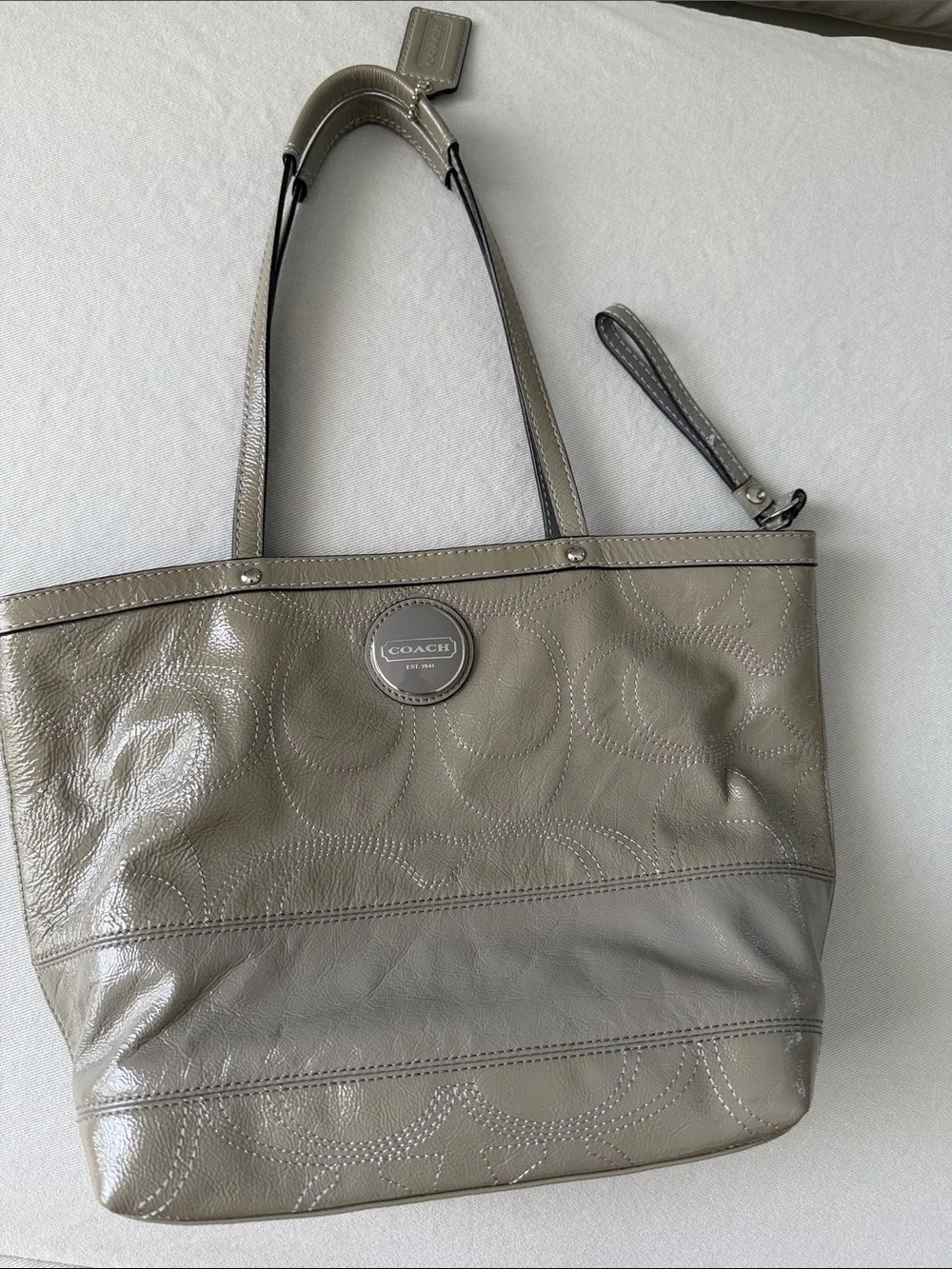 Coach Grey/Olive Leather Shoulder Tote with Signature Charm